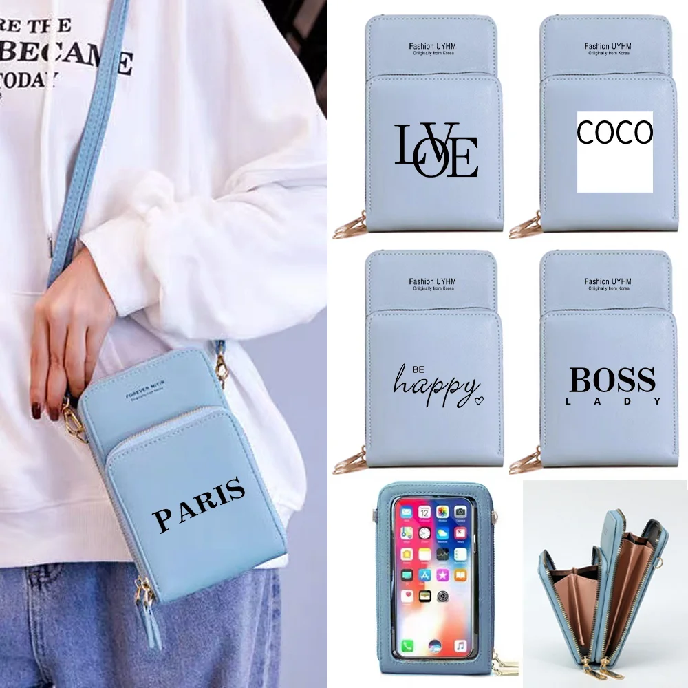 Mobile Phone Bags Women's Wallets Card Package Text Print Coin Purse Female Shoulder Crossbody Bag Touch Screen Cell Phone Pack