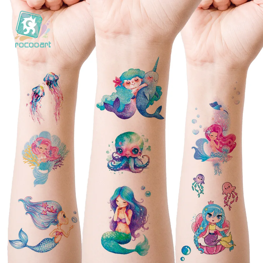 

12pcs Kids Unicorn Mermaid Tattoo Colorful Glitter Powder Waterproof Temporary Sticker Cute Cartoon Body Art Arm Fake Tattoos