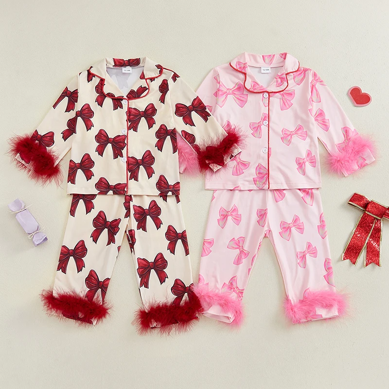 Tregren 2-7Years Toddler Girl 2Pcs Pajamas Sets Feather Trim Long Sleeve Bow Print Shirt Tops + Pants Kids Infant Sleepwear