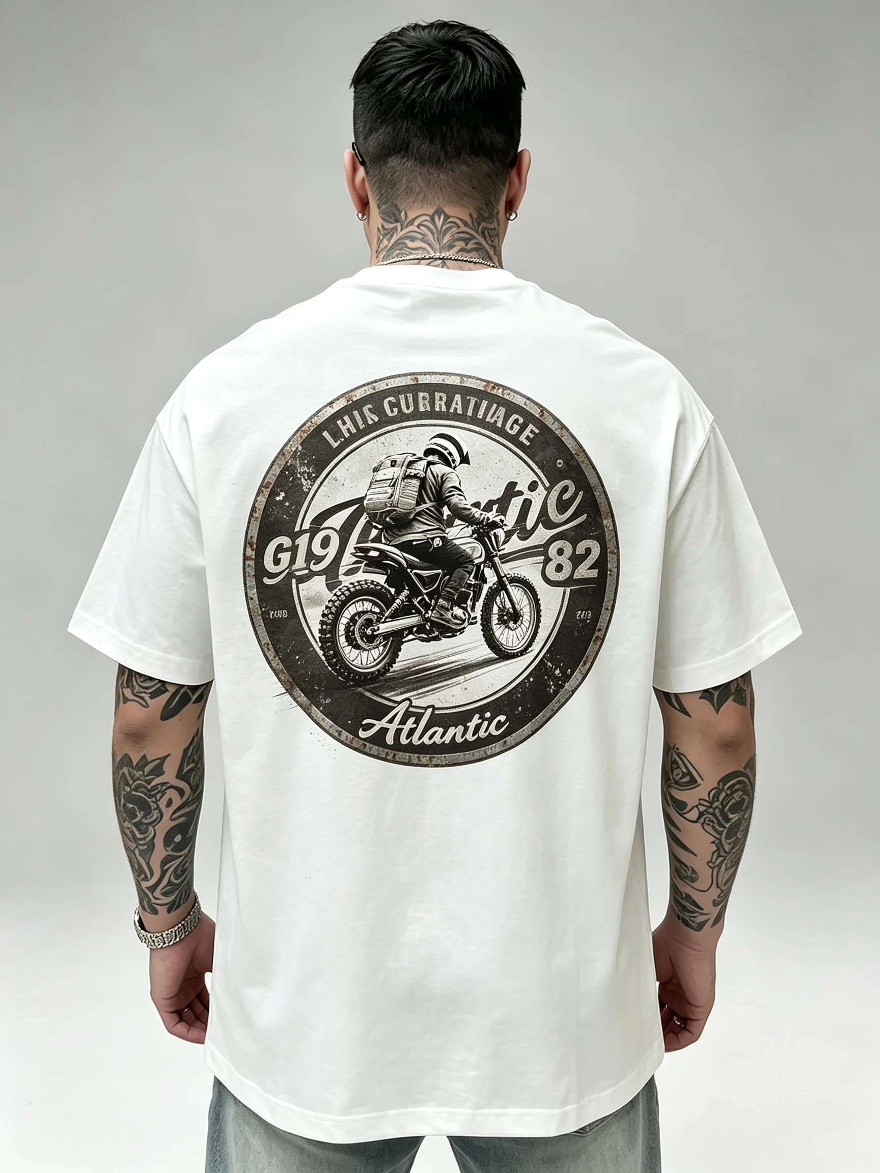 Unisex Vintage Round Badge Motorbike Rider T-Shirt Men Women Oversized Atlantic G1982 Biker Back Print Graphic Tee Retro Off Road Motorcycle Casual Streetwear Cotton Tops