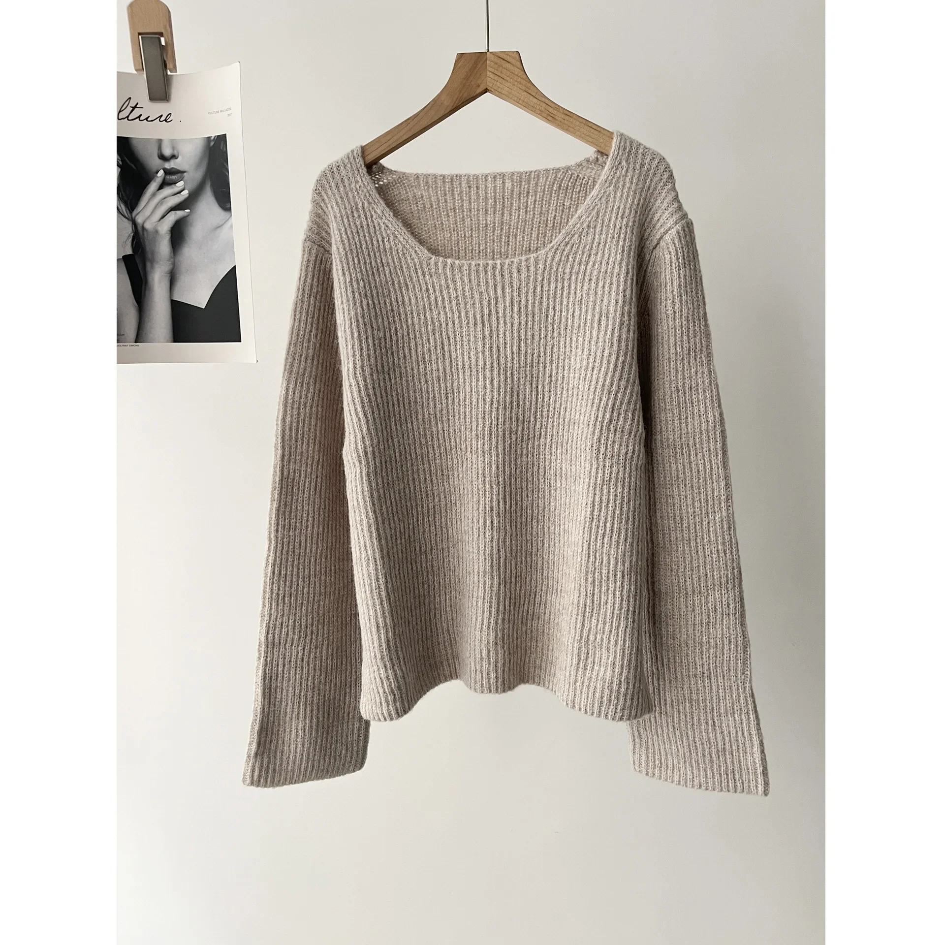 Women's Slack Lazy Style Minimalist Brown Wool Blended Crew Neck Sweater Knitted Sweater 16A 05675631114