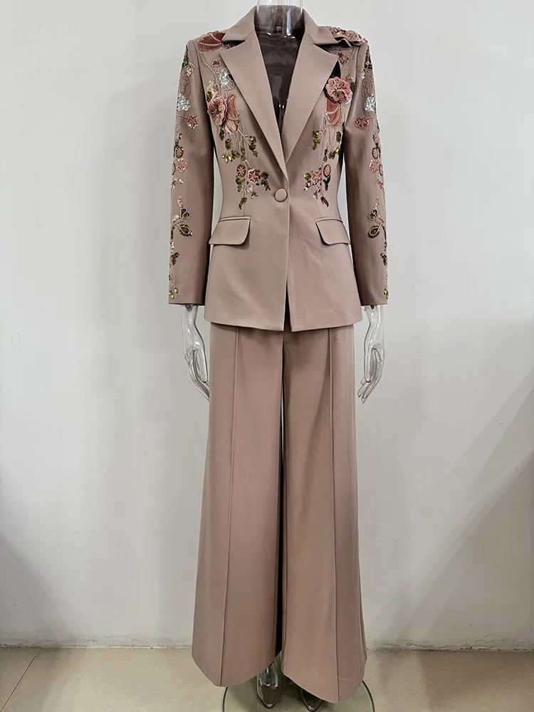TOP QUALITY Newest Fashion Designer Runway Suit Set Women's 3D Flowers Beaded Blazer Wide Leg Pants Set