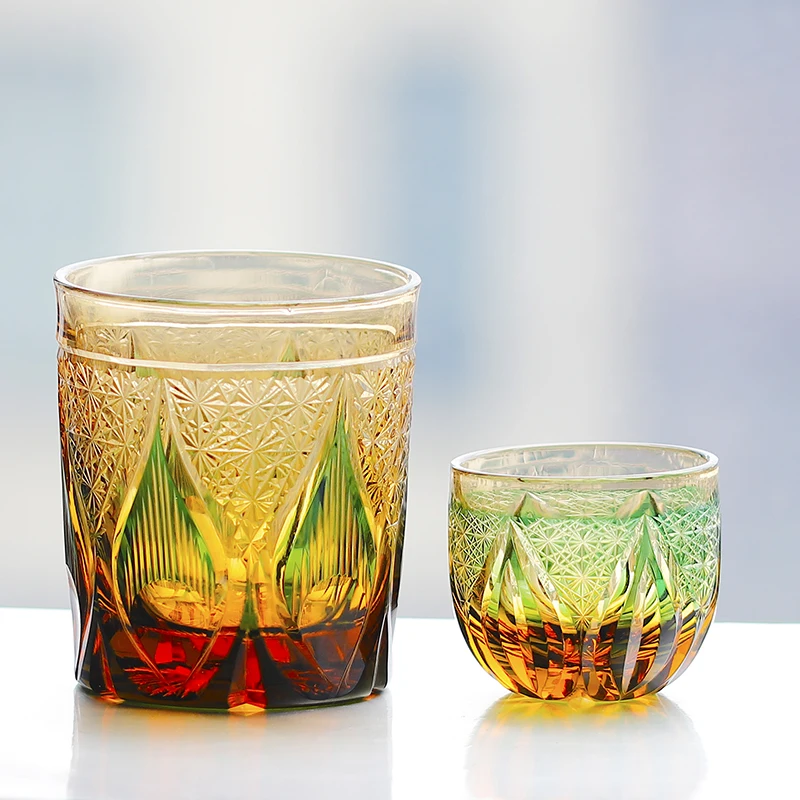 Hand Cut Amber Green Japanese Style Edo Kiriko Whiskey Glass Tumbler 240ml And Sake Shot Glass 60ml Set for Home Bar Decor