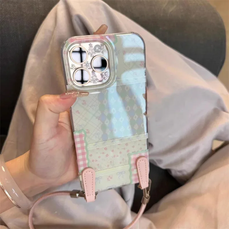 

Green checkered floral phone case with pink sticker leather short hanging rope for iPhone 11 12 13 14 15 16 promax