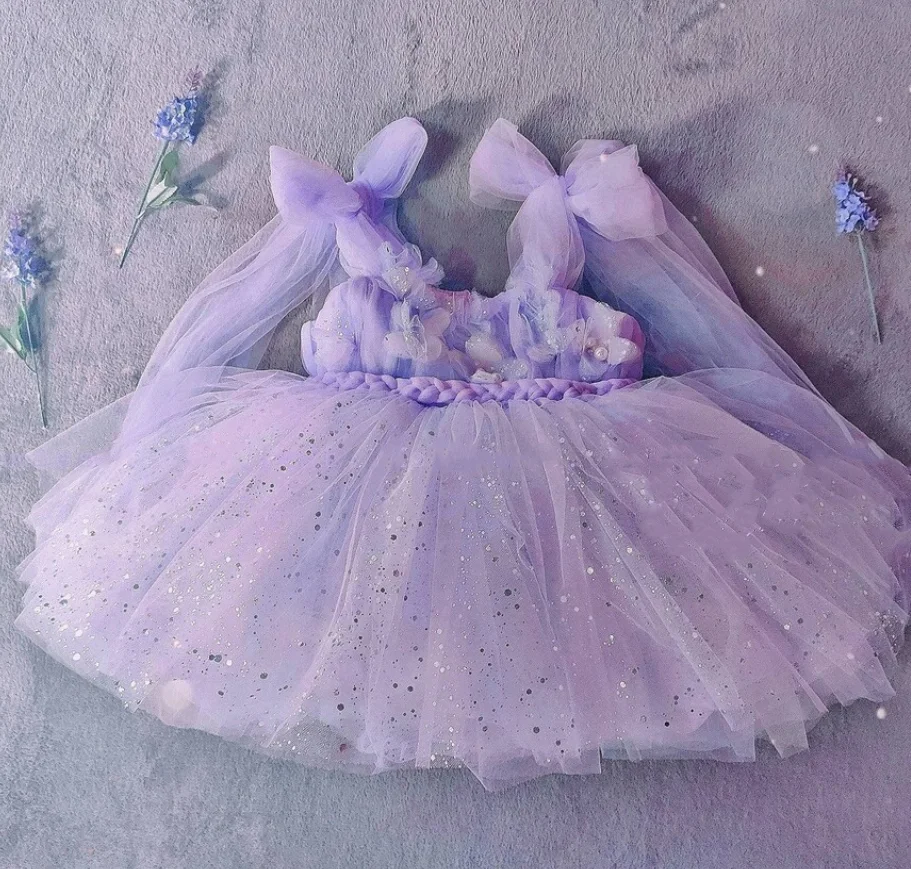 

Lavender Twinkle Tulle Baby Girl Dress 3D Butterflies Bows Shoulder Tutu Outfit Little Princess Birthday Party Gown Summer Gift