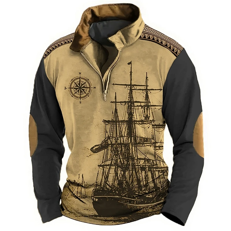 Autumn and Winter Men's Half Zipper Long Sleeve Sportswear Retro Fashion Sailing Adventure 3D Printed Half High Collar Men's Top