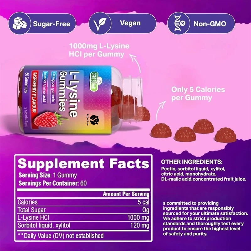 علكة L-Lysine، 1000 مجم، بدون سكر، أحماض أمينية قابلة للمضغ للبشرة والشفاه ودعم المناعة، نباتي، خالي من الجلوتين #4