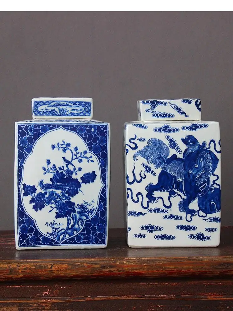 Lion Pattern Ceramic Jars Classic Painted Blue and White Porcelain Tea Caddy Vintage Home Decor Rectangle Storage Jar with Cover