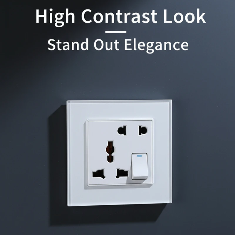 White Tempered Glass Wall Socket 86 Type 5 Hole Outlet with Switch Multi Plug Power Socket Home Electrical Panel Modern Style