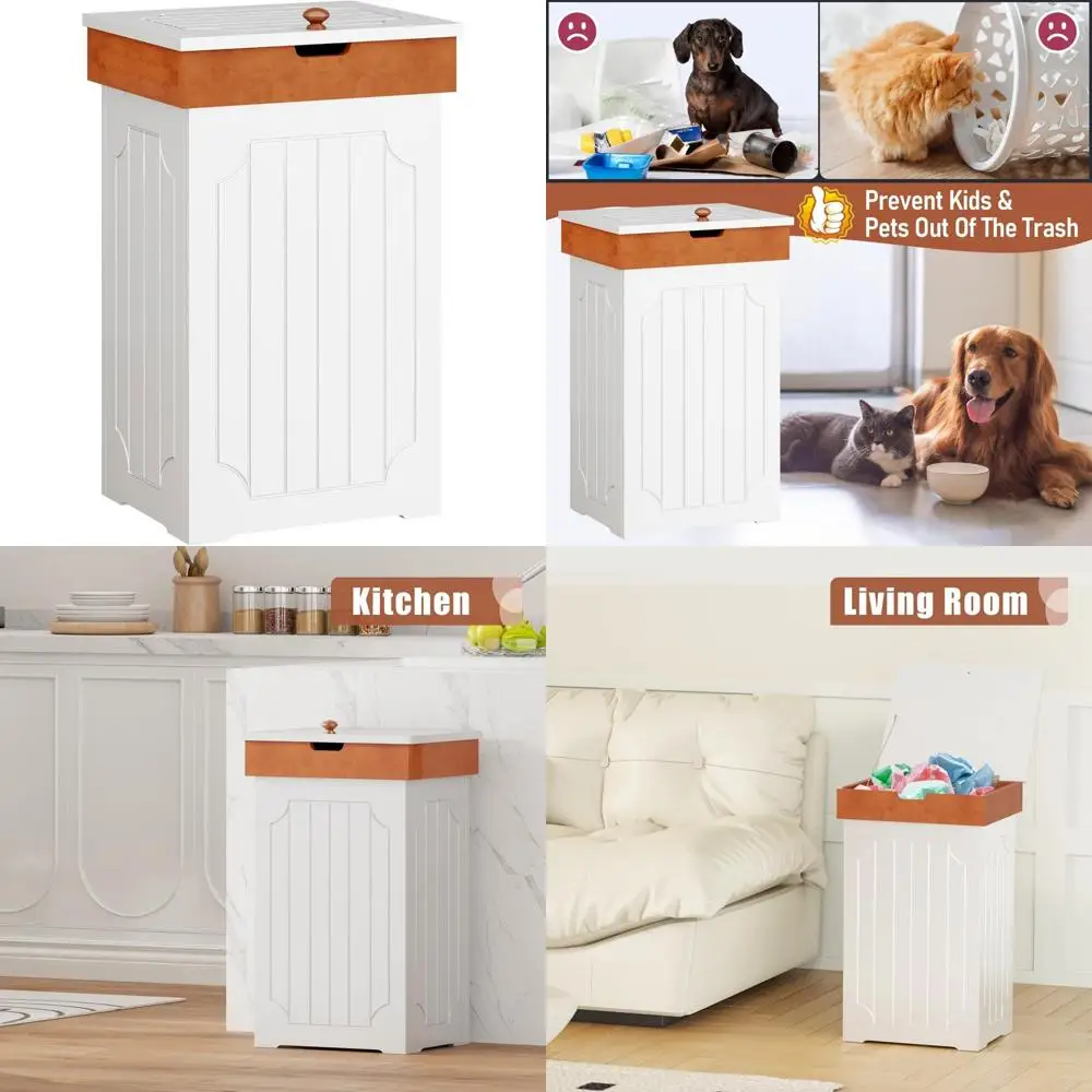 

Stylish 13 Gallon Kitchen Trash Can with Wooden Recycling Bin and Dog-Resistant Cabinet for Home Use