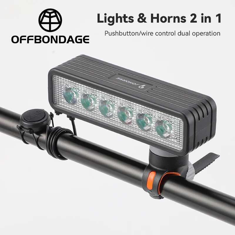 OFFBONDAGE Bicycle Headlight Horn 2 In 1 Bike Near And Far Light 6 Lamp Beaded Wire Control Bell Horn Mountain Bike Accessory