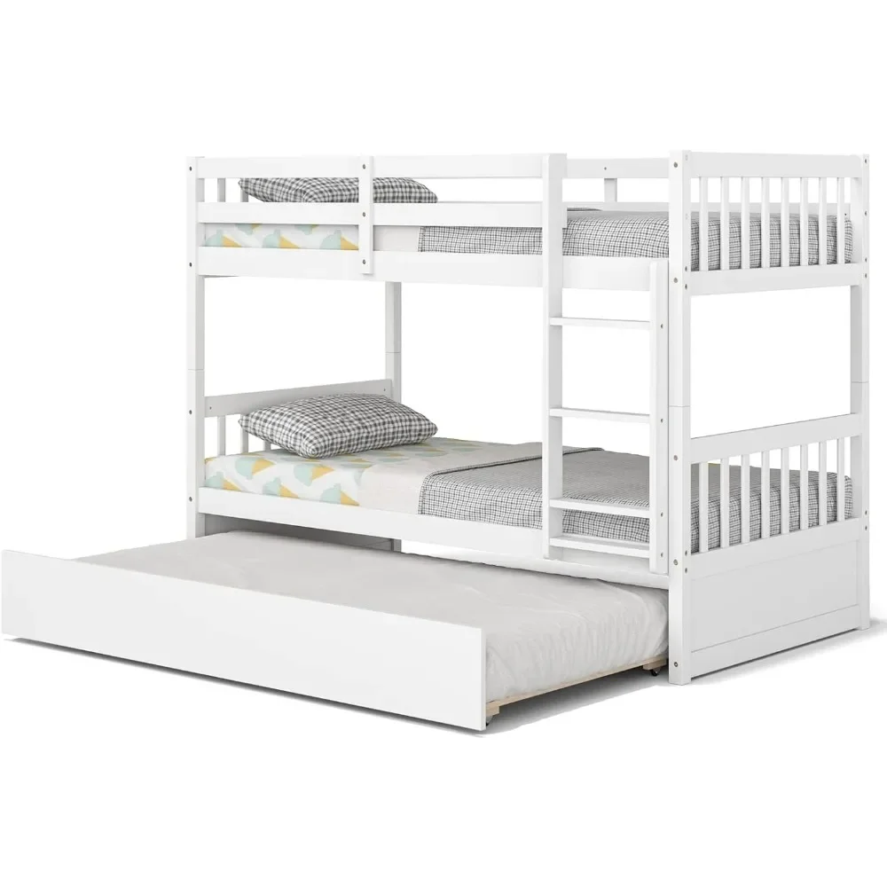 Twin Over Twin Bunk Bed with Trundle, Convertible Platform Bed Frame with Ladder & Solid Wood Frame,No Box Spring Needed, White