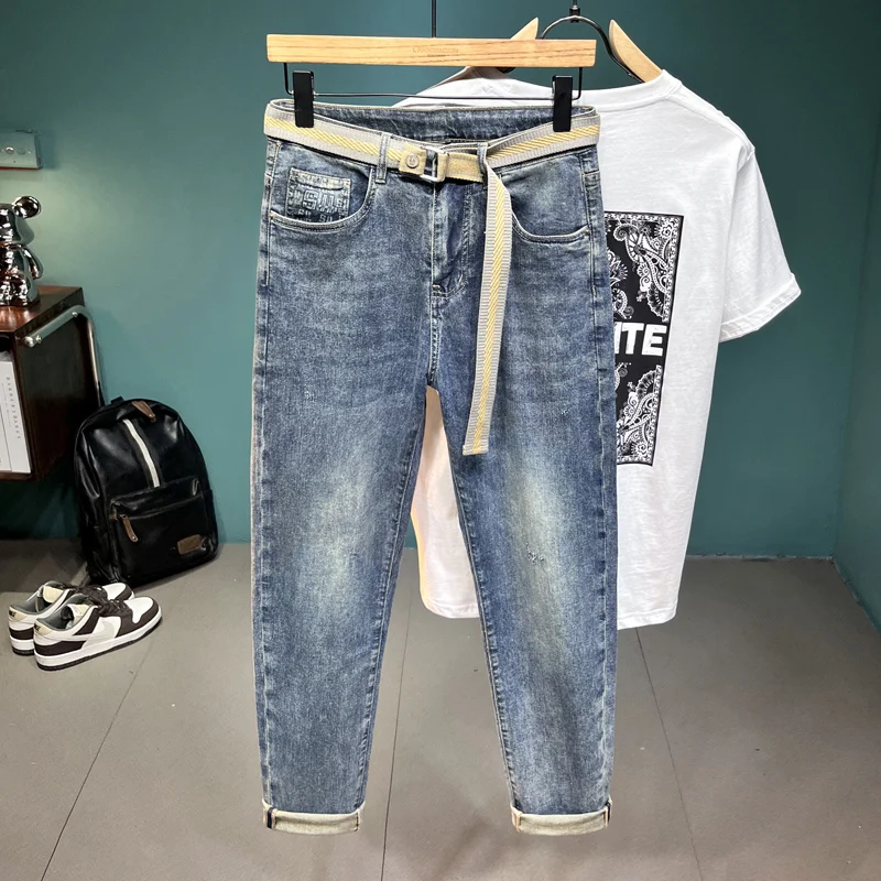 2024 Spring and Summer New Printed Personality Jeans Men's Stretch Slim Fit Fashionable Breathable Soft Comfortable Long Pants