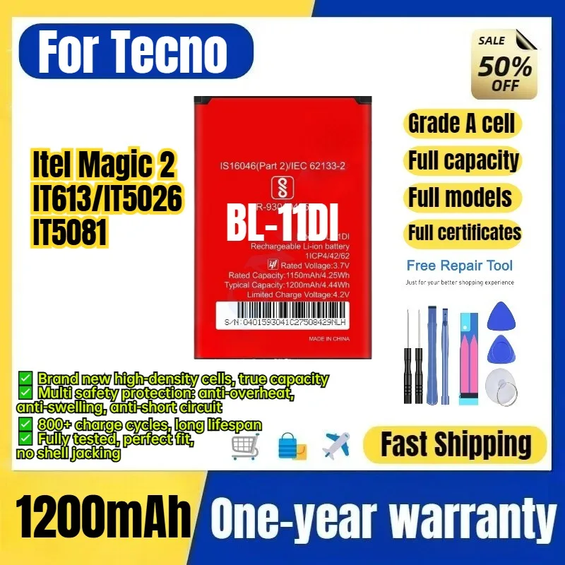 BL-11DI for Tecno Itel Magic 2/IT613/IT5026/IT5081 Phone Battery 0 Cycle High Capacity Battery Replacement Bateria  with Tools