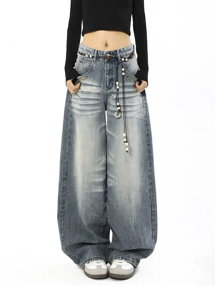 Damen Baggy Wide Fit Jeans Herren Denim Hose Stickerei American Retro High Street Y2K Japanisch Harajuku Wide Fit Cowboy Grunge