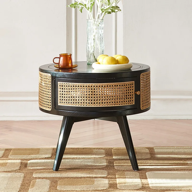 Japanese-style solid wood rattan round coffee table combination black simple modern living room household small