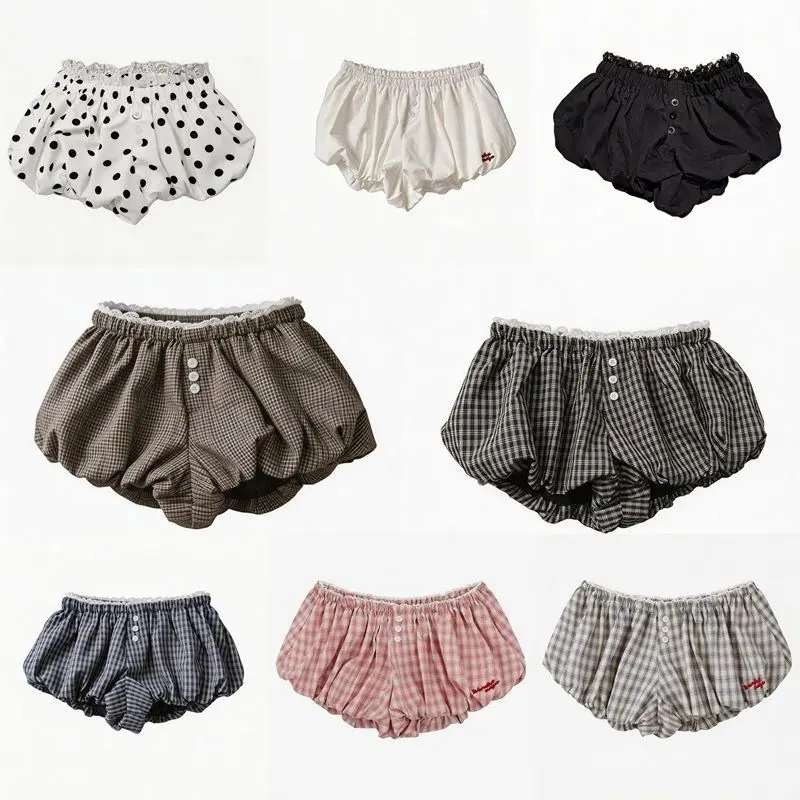 Chic Sweet Womens Plaid Bubble Shorts Elastic Waist Bloomer Shorts Casual Short Pants Summer Streetwear JK Korean Fashion Campus