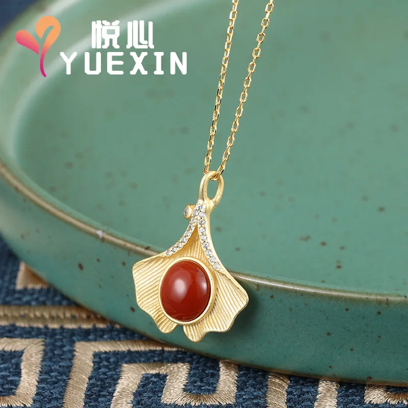 yuexin-s-pure-silver-southern-red-agate-personalized-shell-fan-shaped-necklace-temperament-women-s-gold-plated-pendant-internet