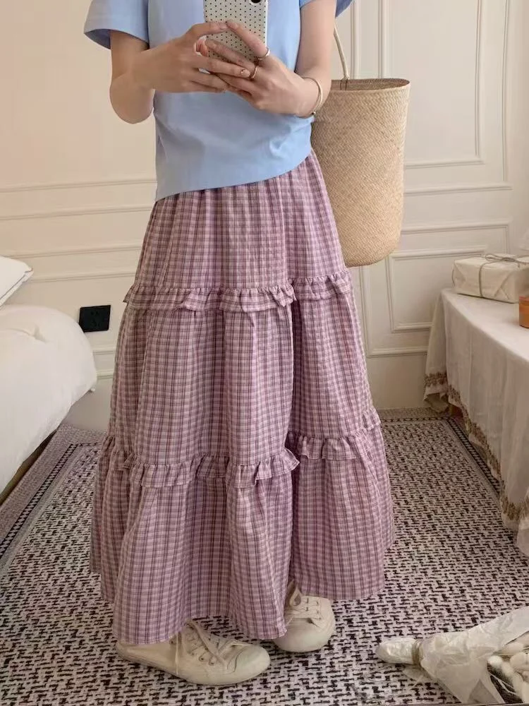 

Юбка-трапеция с высокой талией в клетку, женская модная приталенная юбка-клеш с лоскутным узором в стиле гингем, из полиэфирного волокна