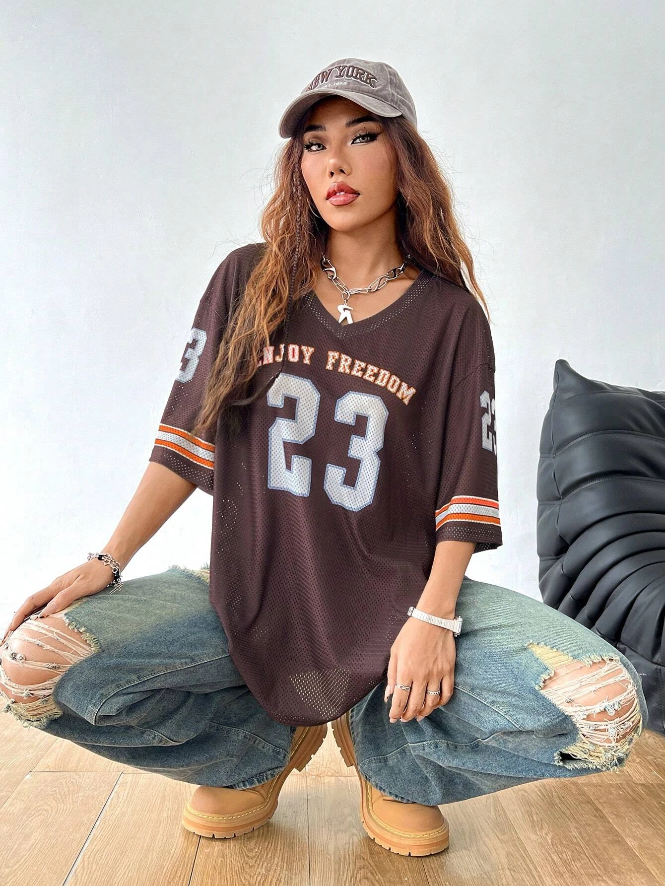 Women's Summer V Neck Short Sleeve T-shirt Retro Mesh Jersey ENJOY FREEDOM Letter Print Oversized Casual Streetwear Daily Top