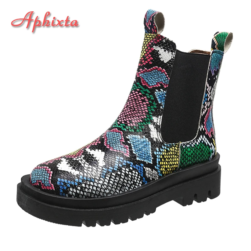 Aphixta Double Layer Women Short Boots Snake Prints Elastic Band Ankle Boots Casual Punk Shoes Motorcycle Boots Plus Size 43