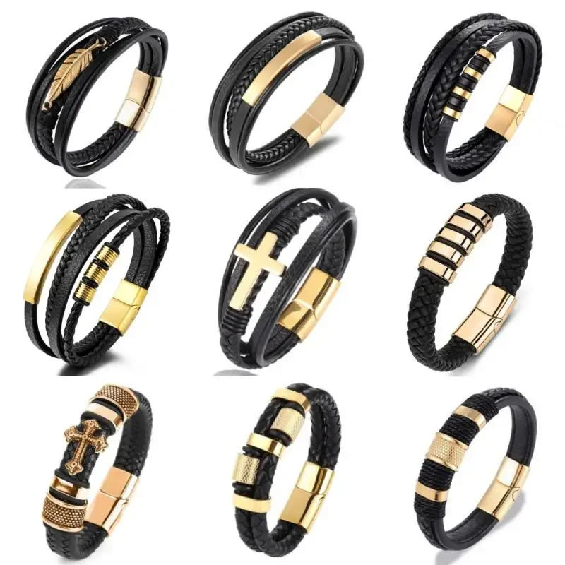 Men\\\\\\\\\\\'s Classic Bracelet Fashion Jewelry Magnetic Black Leather Rope Chain Charm Bracelet Sports Casual Style