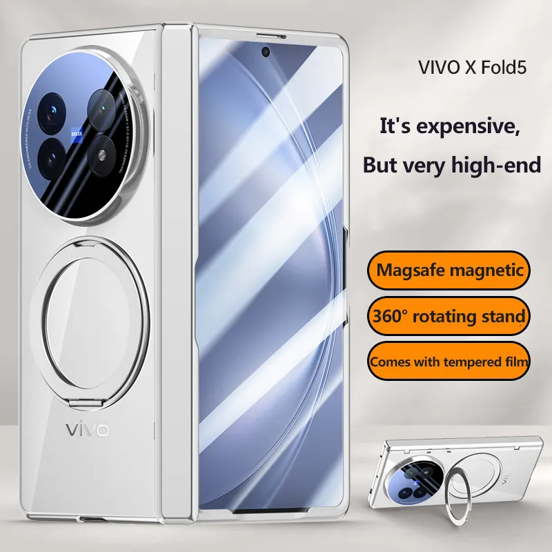 

Magnetic 360°Rotation Stand Phone Case For Vivo X Fold5 X Fold 5 5G With Hinge Tempered Film Electroplated Transparent Cover
