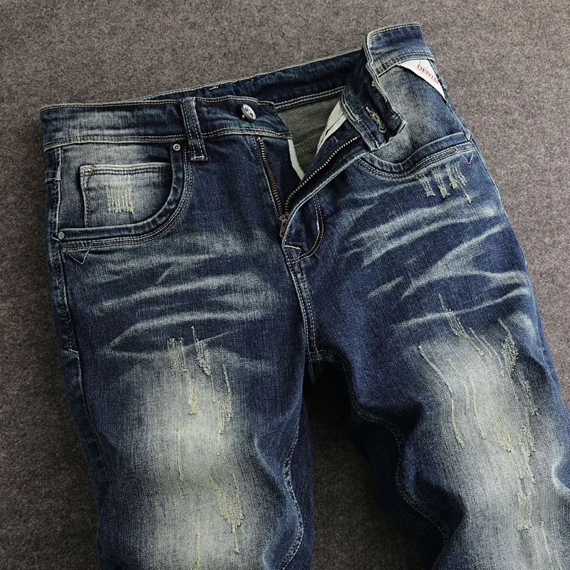 Designer Fashion Men Jeans Retro Washed Blue Stretch Slim Fit Ripped Jeans Men High Quality Y2K Vintage Casual Denim Pants