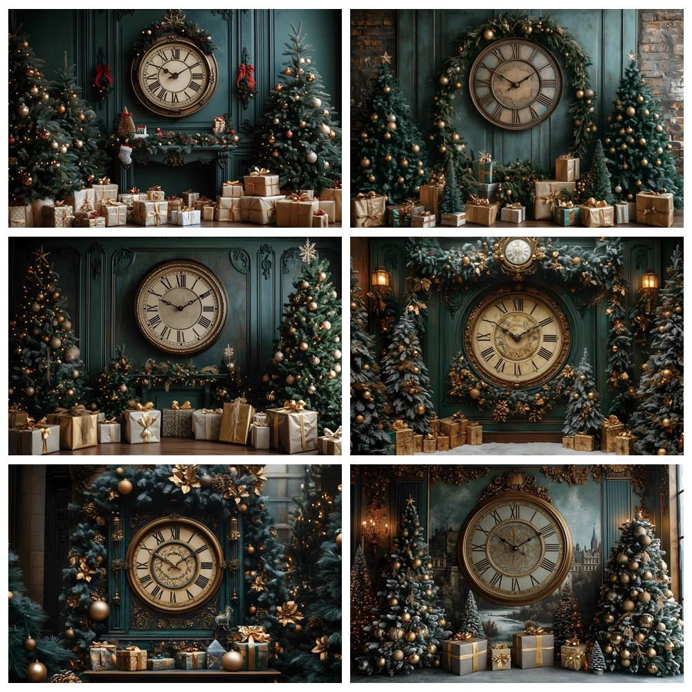 Christmas Photography Background Indoor Palace Green Giant Clock Xmas Tree Gift Backdrop New Year Family Party Photozone Props