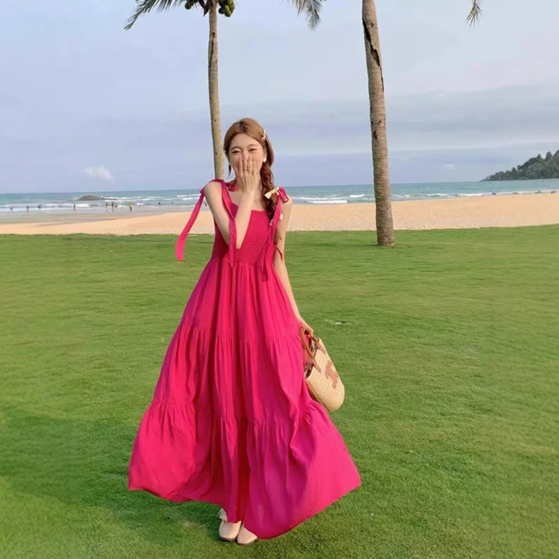 Vestido de tirantes con hombros descubiertos para vacaciones en la playa, minivestido de Color rojo para mujer, falda elegante informal sin mangas para vacaciones