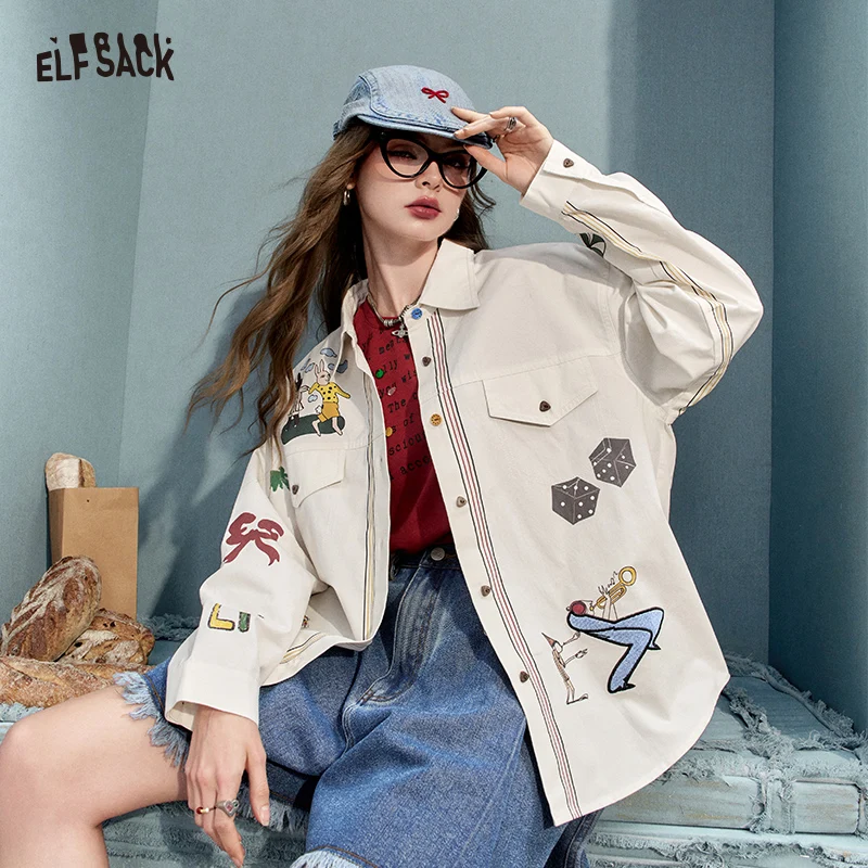 2024 Summer ELFSACK New Arrivals White cartoon print design small casual all-match denim jacket for women