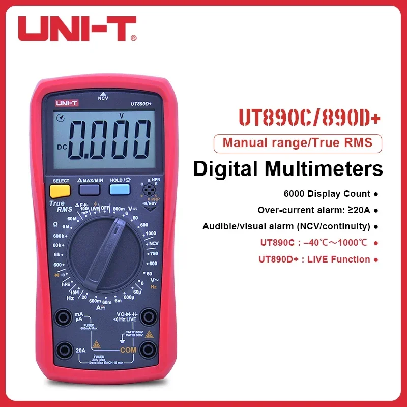 UNI-T UT890C Digital Multimeter 6000 Counts AC DC Ammeter Voltmeter NCV High Precision Temperature Measuring Instruments