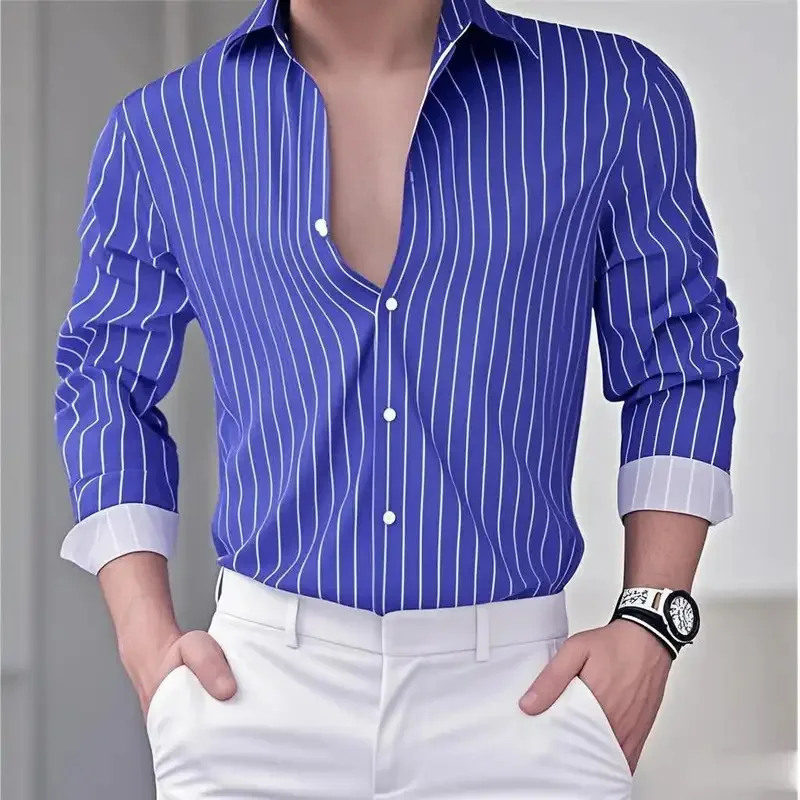 

Men's Fashion Loose Striped Shirt 16 Colors Shirt Casual Breathable Lapel Button Long Sleeve Shirt Top Comfortable Soft Fabric