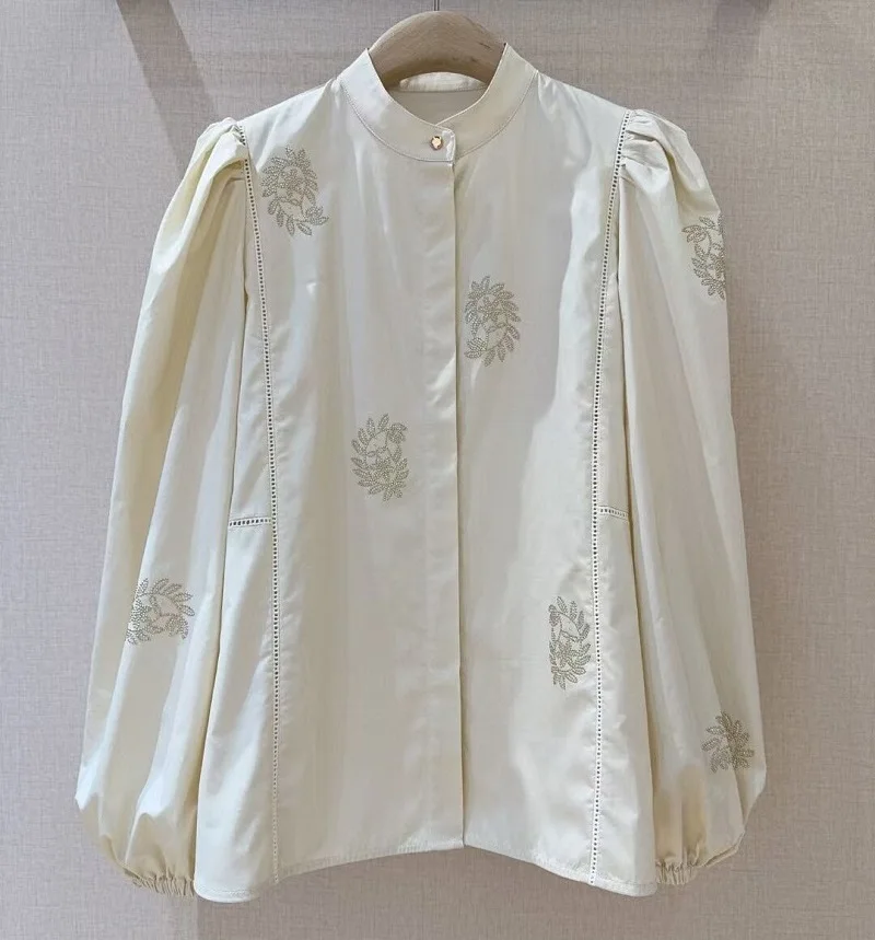 

100%Cotton Blouse Shirts 2025 Summer Designer Fashion Women Hollow Out Embroidery Beading Deco Long Sleeve Casual Shirts Apricot