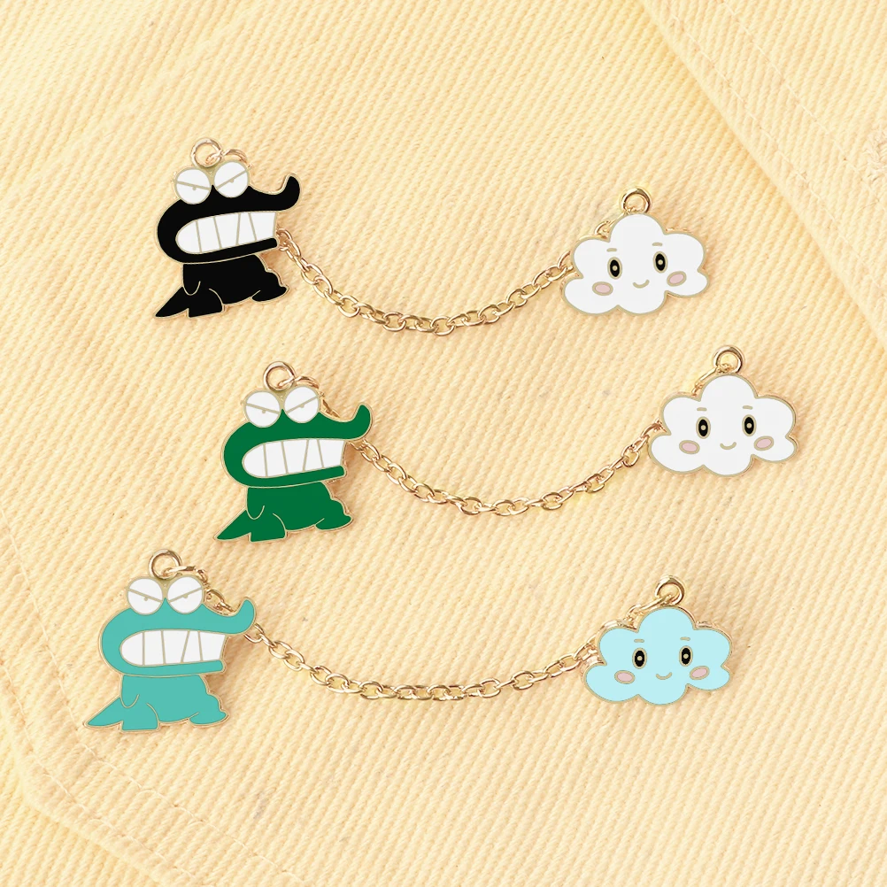 Cute Angry Dinosaur Smiling Cloud Long Chain Brooches Set High Quality Metal Enamel Pin Friendship Badges Jewelry Gift