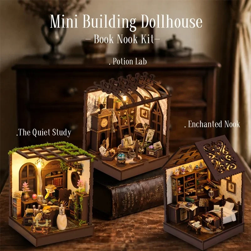 DIY Wooden Mini Casa Potion Lab Enchanted Book Cottage Miniature Model Kits With Furniture Dollhouse for Friends Birthday Gifts