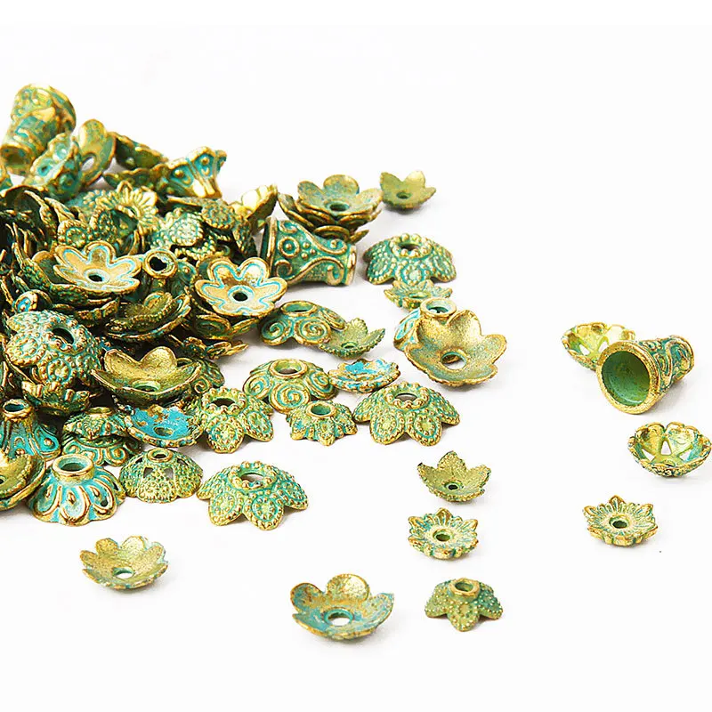 150pcs Mixed Antique Green Gold End Bead Caps Carved Flower Beads for Jewelry Making Women Necklace Bracelet DIY Accessories