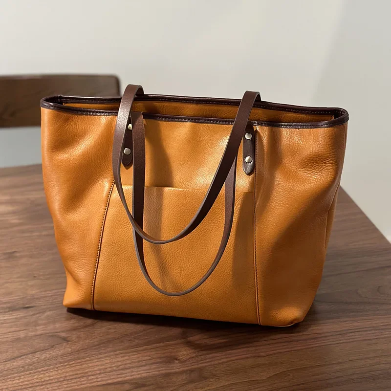 

Stylish Shopping Tote Bag with Genuine Leather Cowhide Shoulder Strap