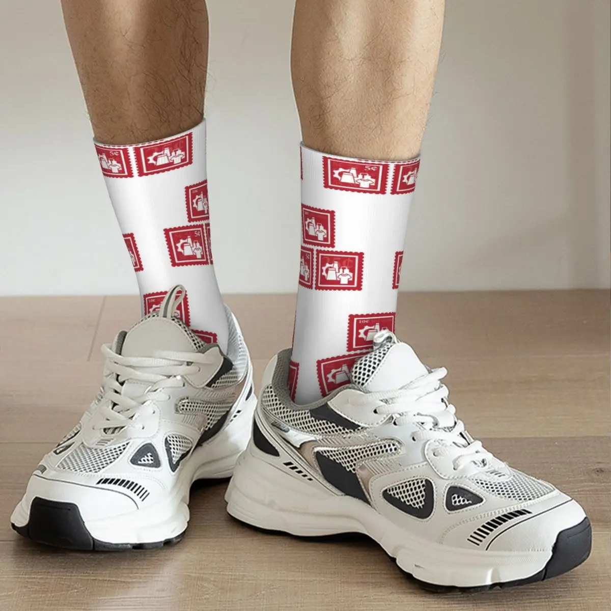 Textile Engineering Cherry Red & White Stamps Socks Harajuku Stockings All Season Long Socks for Unisex Christmas Gifts