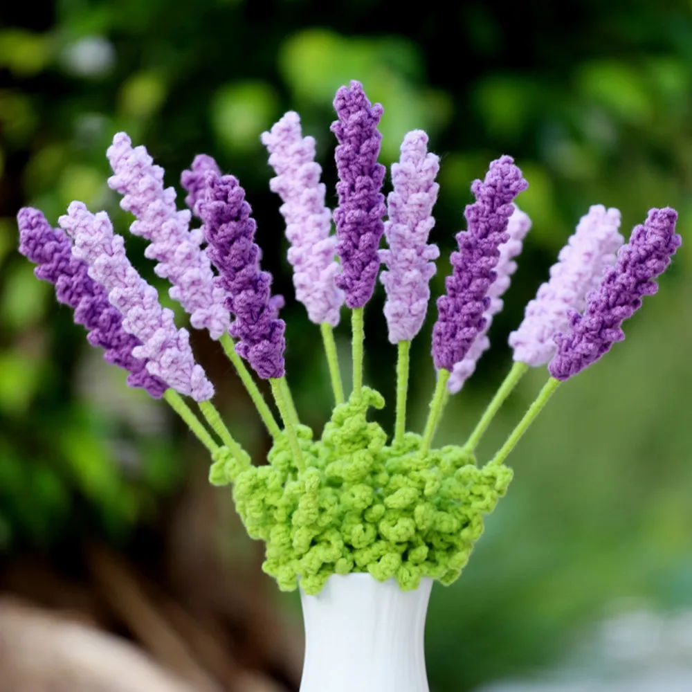 10pcs Knitting Flower Purple Lavender Hand-Knitted Fake Flowers Bouquet Homemade Finished Home Decorate Festival Gift