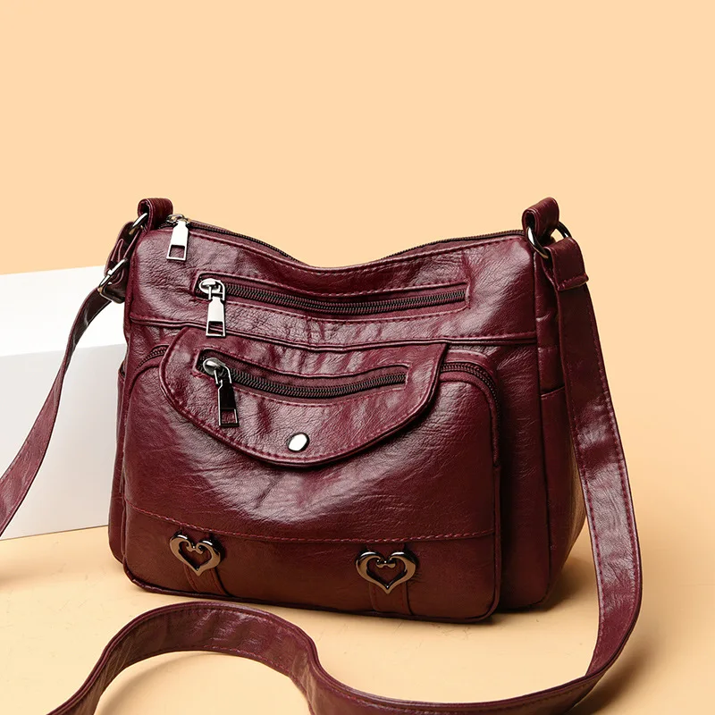 Ladies' Multi Pocket Leather Crossbody Bags, Heart-shaped Decorative Shoulder Bag, Suitable for Commuting, Banquets and Parties