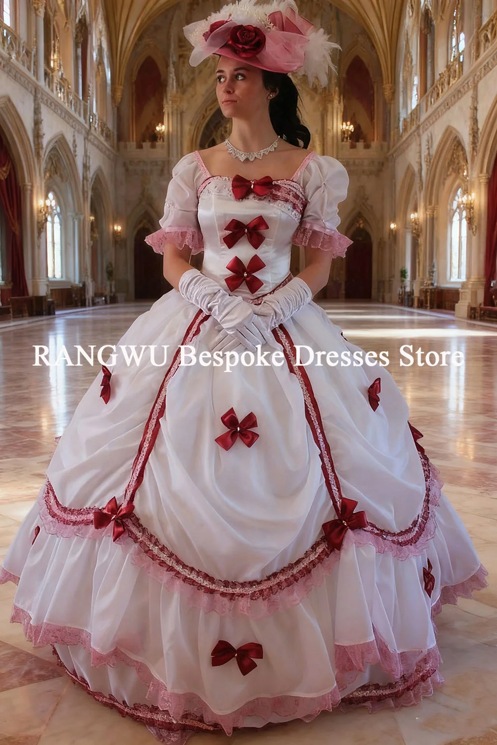 الخيال الفيكتوري فساتين حفلة موسيقية مخصص القوطية القوس Ruched الوردي فساتين حفلة موسيقية فساتي القرون الوسطى فستان الزفاف الزفاف