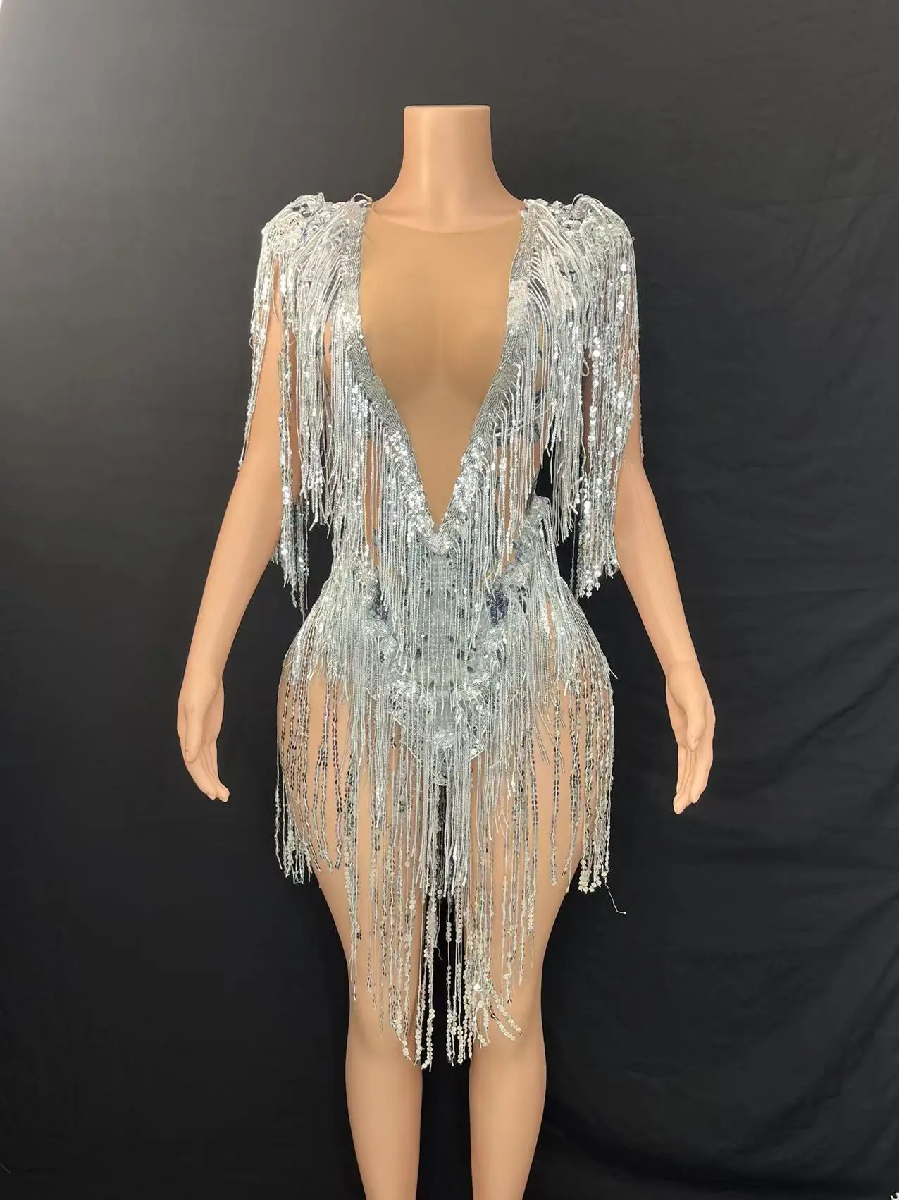 Silver costume female singer bar high fork conjoined tassel gogo adult rhinestone sequins