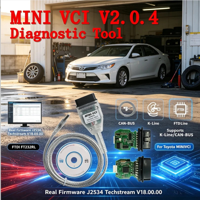 MINI VCI V2.0.4 J2534 Diagnostic Tool FTDI FT232RL Techstream V18.00.00 For Toyota K‑Line CAN‑BUS
