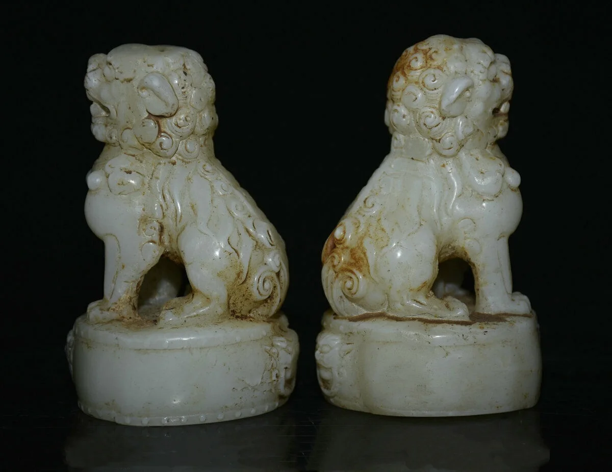 4.6 "الصين القديمة اليشم الأبيض نحت فنغشوي فو فو الكلب الحرس تمثال الأسد زوج #4