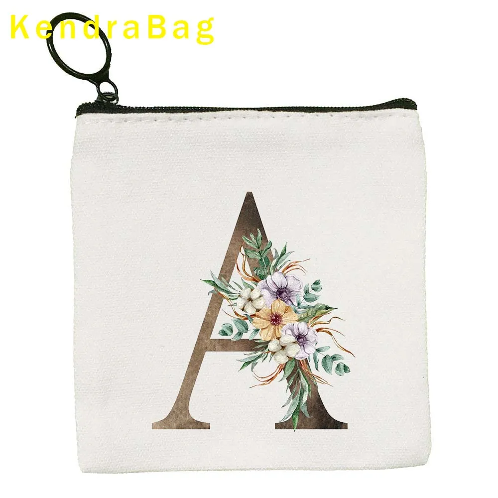 Watercolor Floral Wedding Monogram Flower Initial Letter Print Key Coin Purse Canvas Bags Pouch Cotton Bags Wallet Zipper Gifts