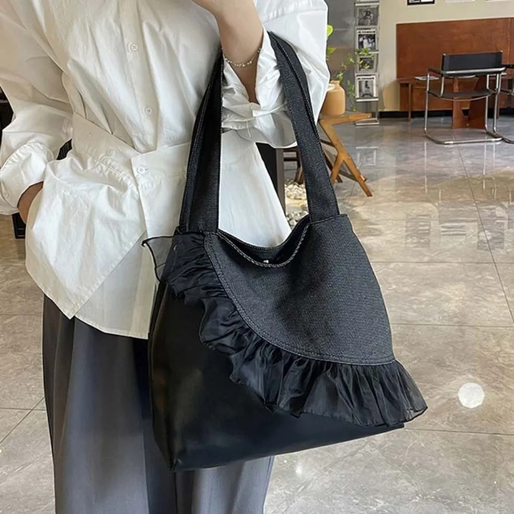 

Портативная джинсовая синяя большая сумка в корейском стиле, парусиновая кружевная сумка из искусственной кожи, универсальная сумка с магнитной кнопкой, большая вместительная сумка для подмышек для покупок