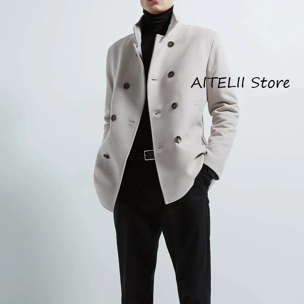 

Men's Coat Straight Pockets Urban Blazers Stand-up Collar Casual Suit Jackets for Man Double-breasted Wool Fabric Warm Fashion