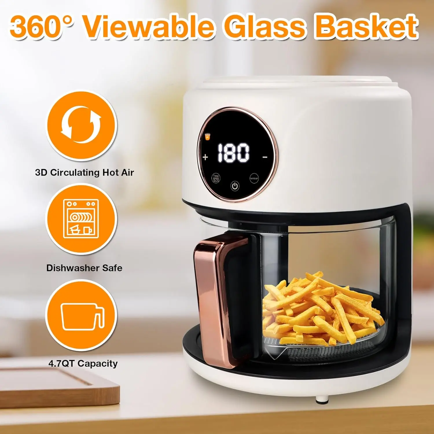 Airy Fryer, 4.7Qt 1200W Glass Air Fryer, 6-in-1 Functions, 360° Viewable, Digital Display, Dishwasher Safe, Adjustable Temp 80℃~