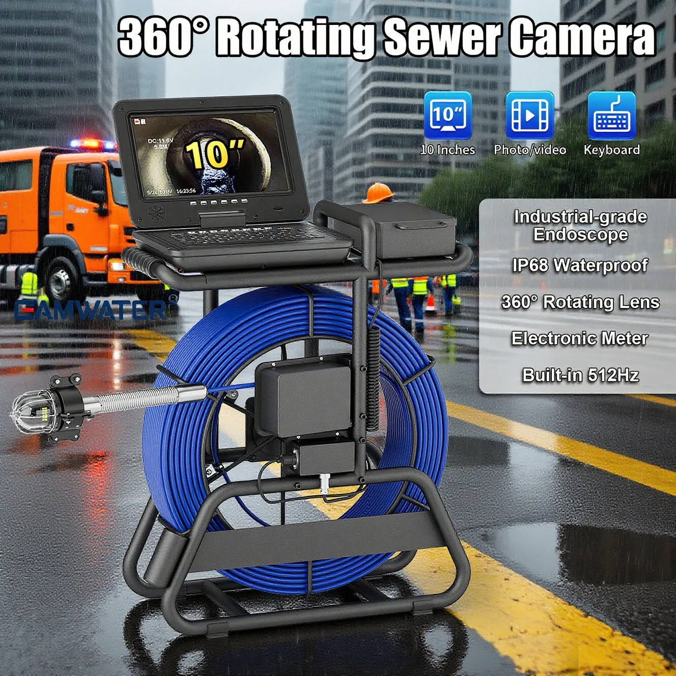 Caméra endoscopique rotative à 360° pour égouts, étanche IP68, AHD 1080P avec 12 LED lumineuses, batterie 4500 mAh, compteur et clavier, tube en fibre haute intensité et zoom 5X, vidéo et audio.